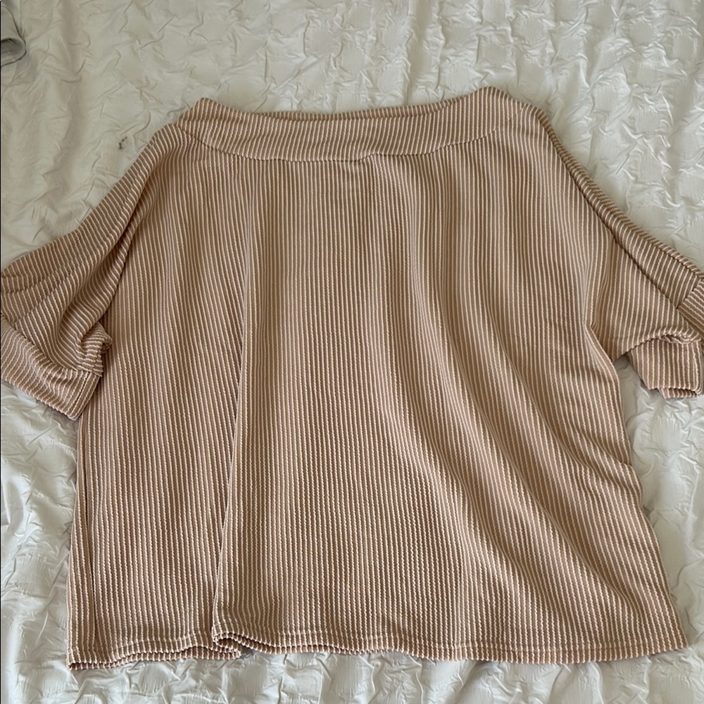 Ribbed Tan and White Loose-Fit Top